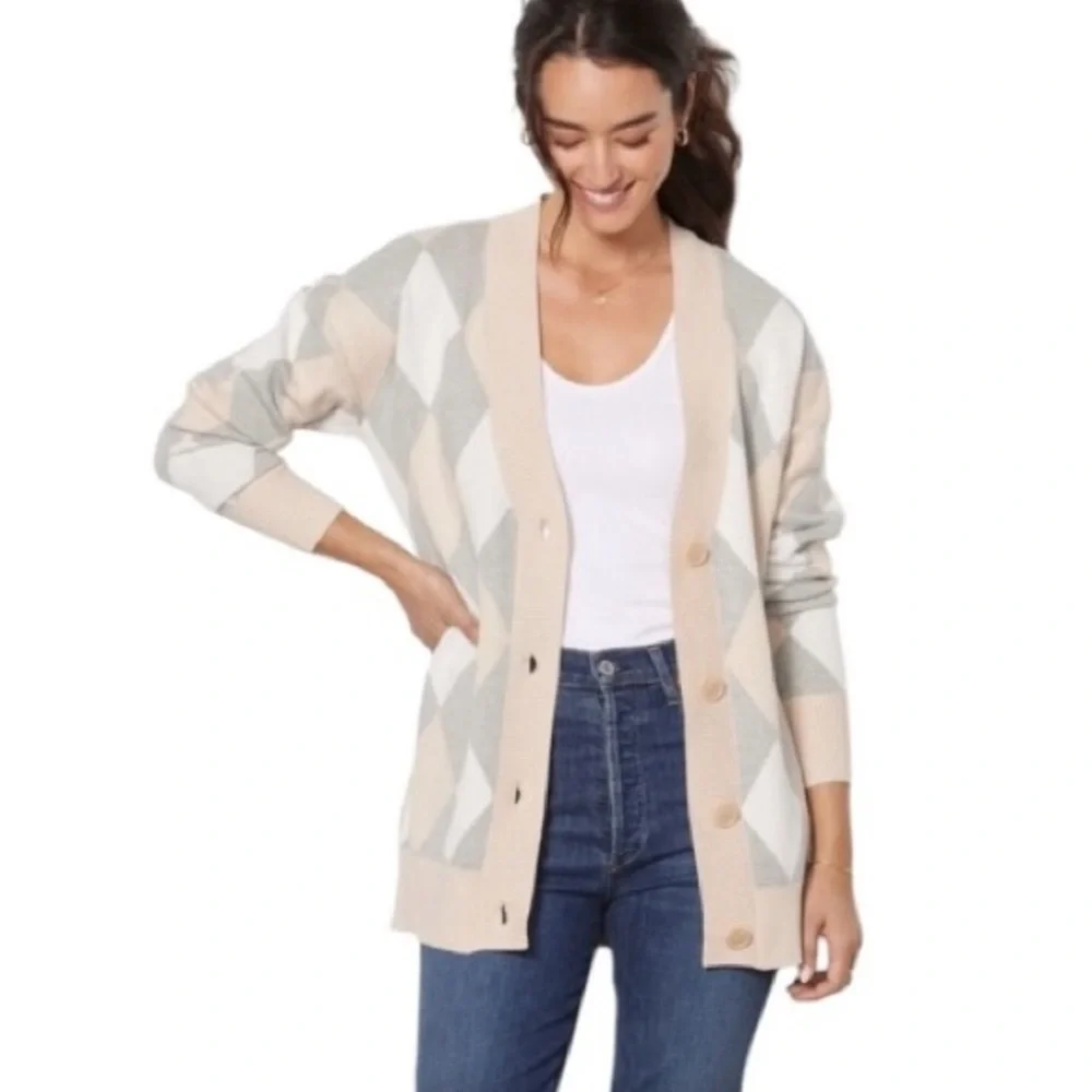 Evereve Pippa Women’s Argyle Gray Cream Button Front Cardigan Sweater S neutral